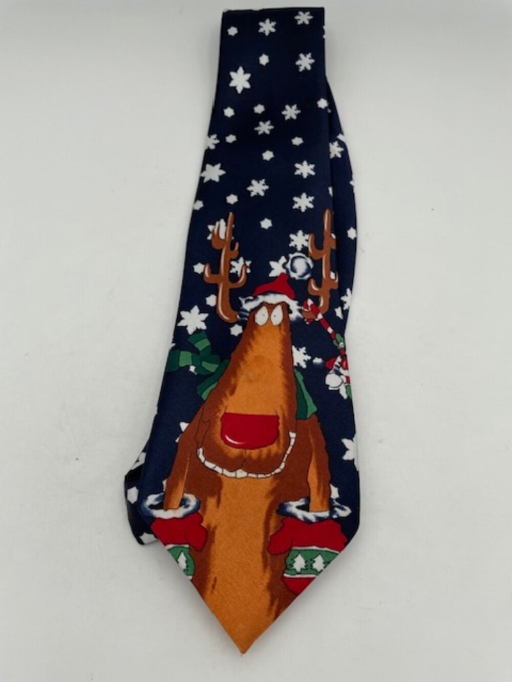 Navy Blue Christmas Tie with Reindeer and Snowflakes